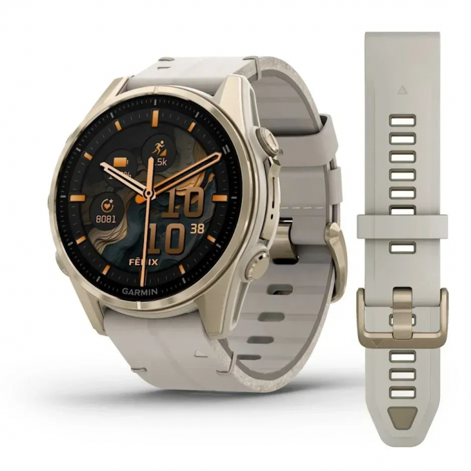 Смарт-часы GARMIN FENIX 8 AMOLED (43 мм) Sapphire золотистий/известняково-серый кожаный ремешок 010-02903-40